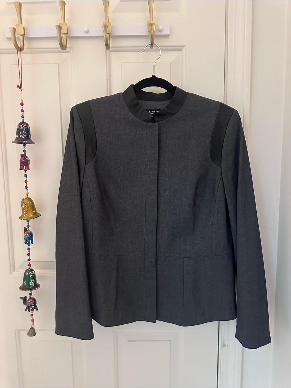 Jones New York Charcoal and Black Collarless Blazer with Leather Detail